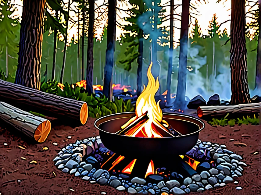 Create a realistic video of a campfire in a forest setting. The fire should be vibrant, with flames dancing and casting warm, flickering light. Include sounds of crackling wood and occasional sparks. Surround the fire with natural elements like trees and rocks, and ensure the scene feels immersive and tranquil. The video should be 10 minutes long, focusing on the soothing and mesmerizing aspects of the fire.