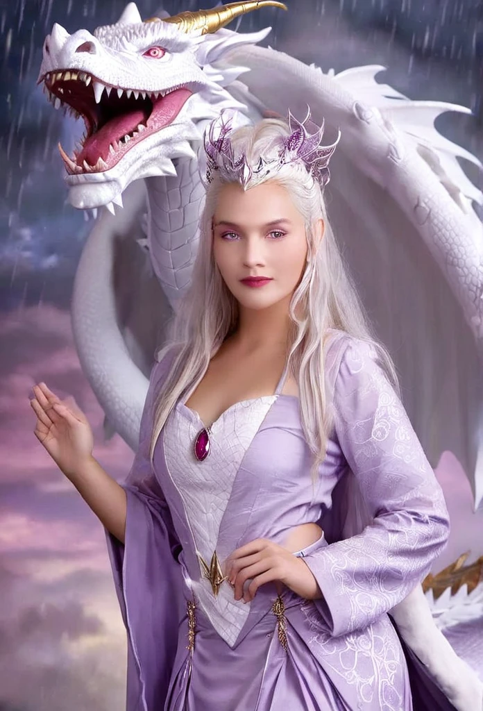 Queen of the White Dragon, mulher madura jovem, "Galadriel, EMÍLIACLARKE", elegant lilac Ruby dress, mama grande, Curvy, dragon ling vawy hair, Cabelos Super Longos, soft facial features, White dragon horns on his head, mulher majestosa, silver decoration on her lilac Ruby dress, Rainha Estrela Prateada, Grandes olhos violet, cherry lips, White dragons, starly sky