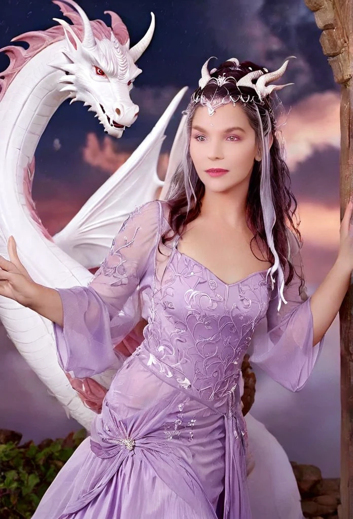 Queen of the White Dragon, mulher madura jovem, "Galadriel, EMÍLIACLARKE", elegant lilac Ruby dress, mama grande, Curvy, dragon ling vawy hair, Cabelos Super Longos, soft facial features, White dragon horns on his head, mulher majestosa, silver decoration on her lilac Ruby dress, Rainha Estrela Prateada, Grandes olhos violet, cherry lips, White dragons, starly sky