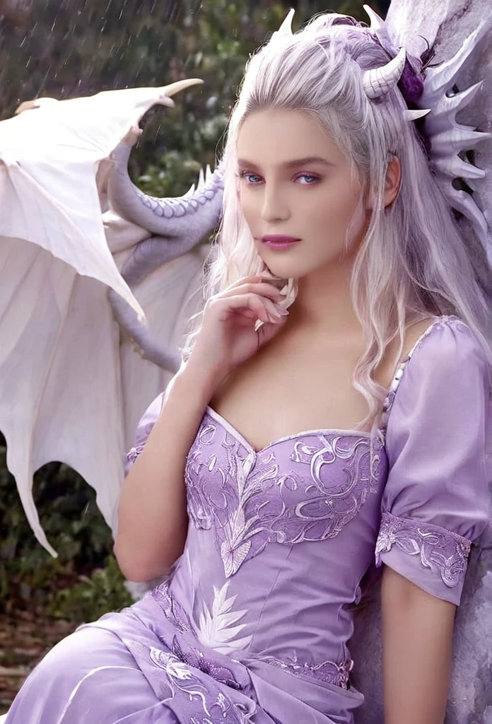 Queen of the White Dragon, mulher madura jovem, "Galadriel, EMÍLIACLARKE", elegant lilac Ruby dress, mama grande, Curvy, dragon ling vawy hair, Cabelos Super Longos, soft facial features, White dragon horns on his head, mulher majestosa, silver decoration on her lilac Ruby dress, Rainha Estrela Prateada, Grandes olhos violet, cherry lips, White dragons, starly sky
