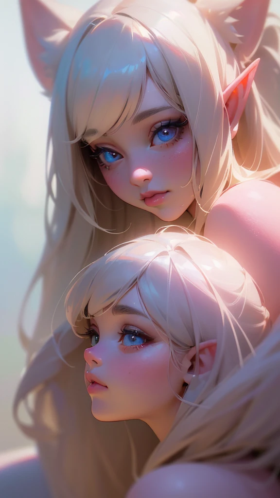 Little Lola elf, curved (best quality, high resolution, masterpiece: 1.2), ultra-detailed (realistic, photorealistic: 1.37), beautiful detailed eyes, beautiful detailed lips, extremely detailed eyes, extremely detailed eyes and face, long eyelashes, toony style, fluffy fur, athletic body, curved silhouette, looking over the shoulder, pink and white color palette, soft lighting