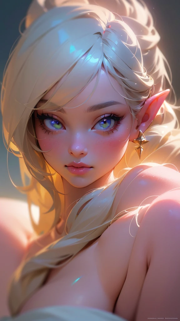 Little Lola elf, curved (best quality, high resolution, masterpiece: 1.2), ultra-detailed (realistic, photorealistic: 1.37), beautiful detailed eyes, beautiful detailed lips, extremely detailed eyes, extremely detailed eyes and face, long eyelashes, toony style, fluffy fur, athletic body, curved silhouette, looking over the shoulder, pink and white color palette, soft lighting