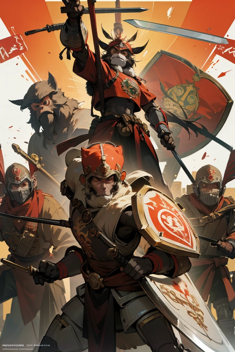 A warrior robot monkey with bow, a warrior robot monkey with sword, a warrior monkey with shield, friends, centralized ready for war