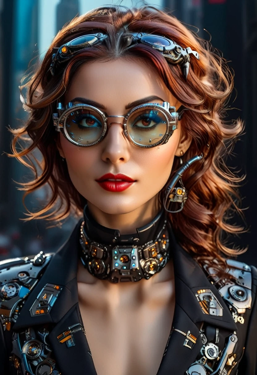 Arafed a picture of a human female spy, wearing dark suit, wearing ((mecha glasses: 1.5))exquisite beautiful female, dynamic eye color, dynamic hair color, dynamic hair style, (wearing elegant intricate details glasses: 1.3), dynamic color glasses, dynamic style glasses, glasses has intricate mechanical part in it, a high society gala event background, (Masterpiece: 1.5),  Vibrant, Ultra-high resolution, High Contrast, masterpiece:1.2, highest quality, Best aesthetics), best details, best quality, highres, ultra wide angle, 16k, [ultra detailed], masterpiece, best quality, (extremely detailed), Mechanical Creatures