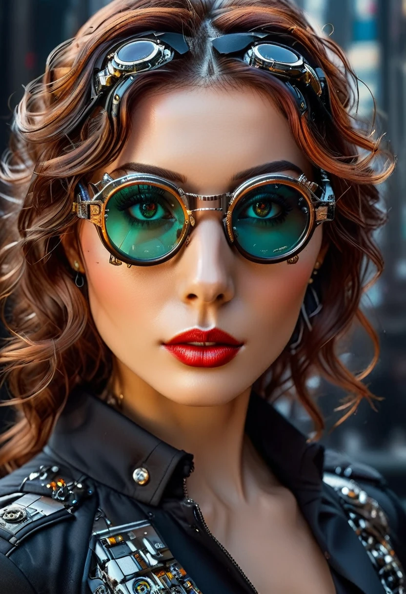 Arafed a picture of a human female spy, wearing dark suit, wearing ((mecha glasses: 1.5))exquisite beautiful female, dynamic eye color, dynamic hair color, dynamic hair style, (wearing elegant intricate details glasses: 1.3), dynamic color glasses, dynamic style glasses, glasses has intricate mechanical part in it, a high society gala event background, (Masterpiece: 1.5),  Vibrant, Ultra-high resolution, High Contrast, masterpiece:1.2, highest quality, Best aesthetics), best details, best quality, highres, ultra wide angle, 16k, [ultra detailed], masterpiece, best quality, (extremely detailed), Mechanical Creatures