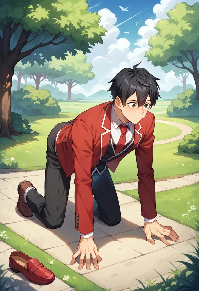 score_9, score_8_wonderful, score_7_wonderful, sauce_anime ,Sword Art Online,Kirito, Male Focus, Part 1:  , Red Blazer, Black Hair,Black trousers, Outdoor,Red tie，Get on all fours and place your hands on the floor,penis,Being stepped on in the back with a shoe