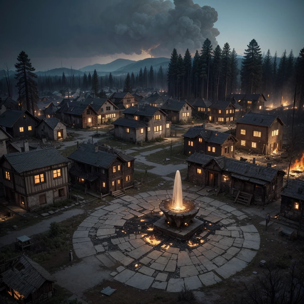 a village devastated by flames, houses and buildings in ruins with a broken fountain in the center, fragments of burnt wood and stone everywhere, surrounded by a charred forest, atmosphere of heavy and empty silence, detailed sculpture, representing rough textures of burned materials, --ar 16:9 --v 5