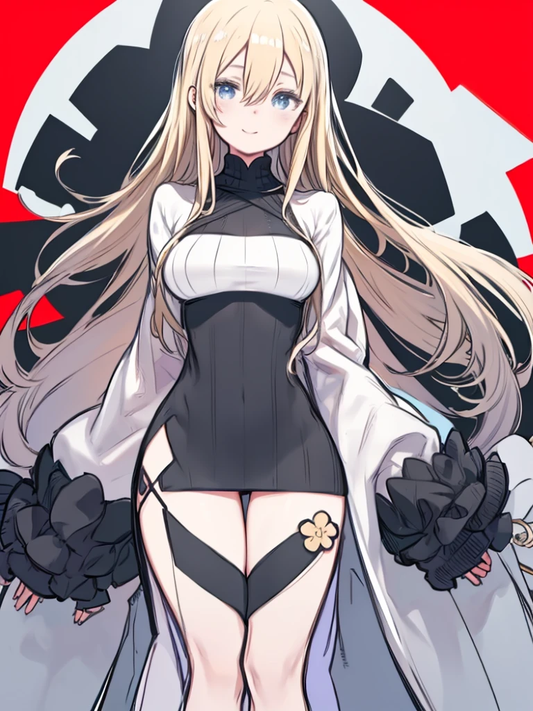 One Girl、((Character design sheet、Line art、Line art、Monochrome、Black and White、Flat Color))、Blonde long hair、Hair between the eyes、Big Breasts、Huge breasts、(Turtleneck sweater)、Clothes with body lines、upright、Watching the audience、Embarrassed、Smiling、Angle from the front、Upper Body、Put your hands down、Hands behind the back、Simple Background、

