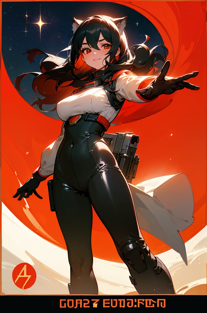 1girl,curvy_breasts, cute, beautiful detailed eyes, shiny hair, visible through hair, hairs between eyes, (Caucasian face, Europe face, eastern Europe girl), (USSR poster), (soviet poster), red monochrome, (soviet, communism, ((PROPAGANDA POSTER))), Black_hair, monster girl, wolf girl, wolf ears, wolf tail, smiling, red_eyes, furry, teenage, goodbreast, {Spacesuit|Orange_clothing_body|jumpsuit},red_gloves, white_space_shoes, white_helmet, ((the USSR red letters on the poster)), weightlessness, Side light, reflection, The person in the spacesuit is at the bottom left of the frame, The right hand is outstretched, Space station in the upper right corner of the screen, Reflected light from the sun, Silver metal, red flag, (USSR style), diffuse reflection, Metallic texture, (alien planet background), (pinup-girl, the sea of star on background), (effect of old poster )