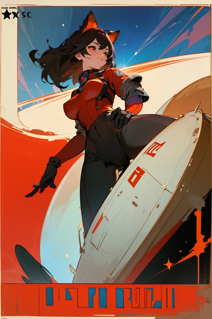 1girl,curvy_breasts, cute, beautiful detailed eyes, shiny hair, visible through hair, hairs between eyes, (Caucasian face, Europe face, eastern Europe girl), (USSR poster), (soviet poster), red monochrome, (soviet, communism, ((PROPAGANDA POSTER))), Black_hair, monster girl, wolf girl, wolf ears, wolf tail, smiling, red_eyes, furry, teenage, goodbreast, {Spacesuit|Orange_clothing_body|jumpsuit},red_gloves, white_space_shoes, white_helmet, ((the USSR red letters on the poster)), weightlessness, Side light, reflection, The person in the spacesuit is at the bottom left of the frame, The right hand is outstretched, Space station in the upper right corner of the screen, Reflected light from the sun, Silver metal, red flag, (USSR style), diffuse reflection, Metallic texture, (alien planet background), (pinup-girl, the sea of star on background), (effect of old poster )