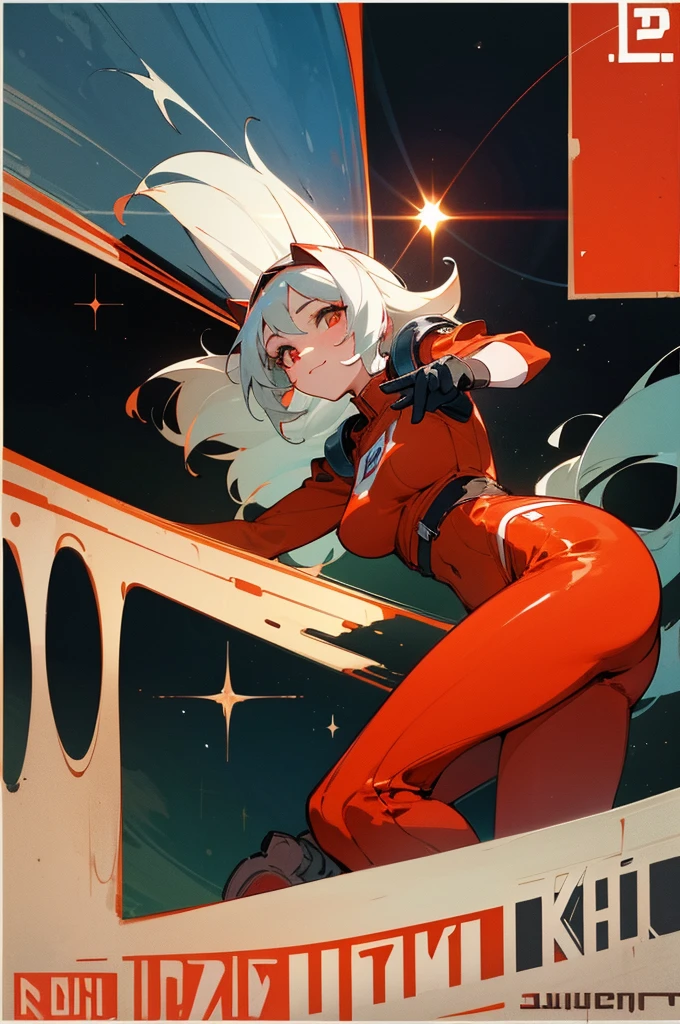 1girl,curvy_breasts, cute, beautiful detailed eyes, shiny hair, visible through hair, hairs between eyes, (Caucasian face, Europe face, eastern Europe girl), (USSR poster), (soviet poster), red monochrome, (soviet, communism, ((PROPAGANDA POSTER))), Black_hair, monster girl, wolf girl, wolf ears, wolf tail, smiling, red_eyes, furry, age, goodbreast, {Spacesuit|Orange_clothing_body|jumpsuit},red_gloves, white_space_shoes, white_helmet, ((the USSR red letters on the poster)), weightlessness, Side light, reflection, The person in the spacesuit is at the bottom left of the frame, The right hand is outstretched, Space station in the upper right corner of the screen, Reflected light from the sun, Silver metal, red flag, (USSR style), diffuse reflection, Metallic texture, (alien planet background), (pinup-girl, the sea of star on background), (effect of old poster )