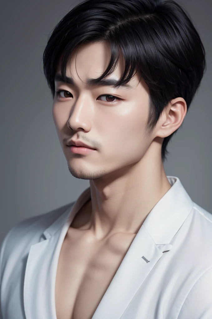 A handsome Korean man with short black hair, angelic and perfect masculine face, 8k HD quality