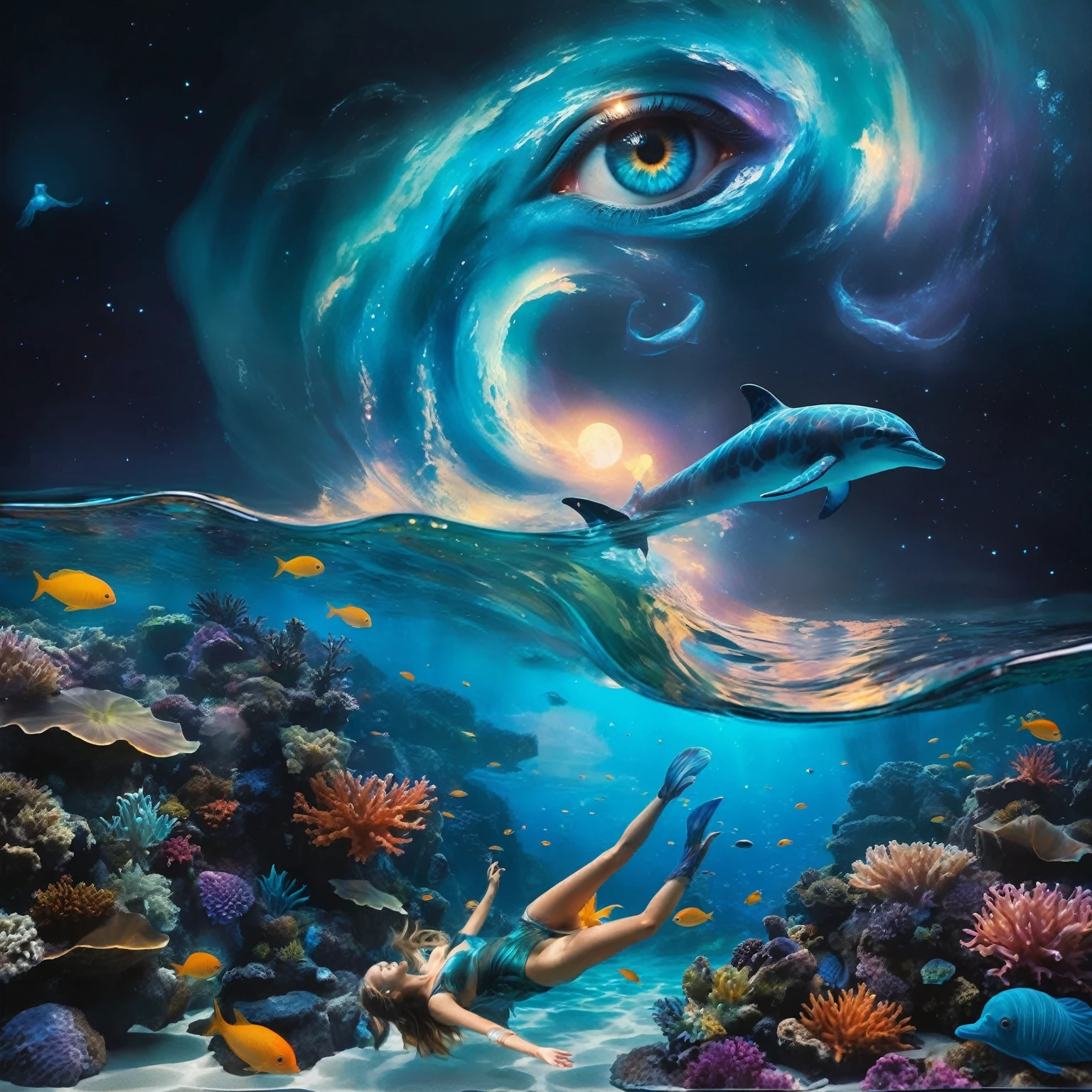 incorporate floating bioluminescent orbs that drift lazily through the water, casting a soft glow. Add subtle, translucent silhouettes of mythical sea creatures in the background, barely visible but adding to the mystical feel. Introduce a gentle, otherworldly melody that seems to resonate from the cosmic eye, creating an auditory illusion in the viewer's mind. Envelop the entire scene in a soft, shimmering haze that adds to the ethereal quality