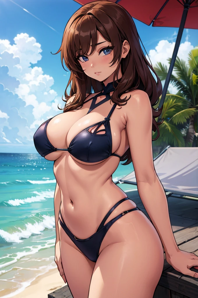 a beautiful anime girl with good feminine attributes, that she is on the beach with a beautiful bikini that is very tight and cut out