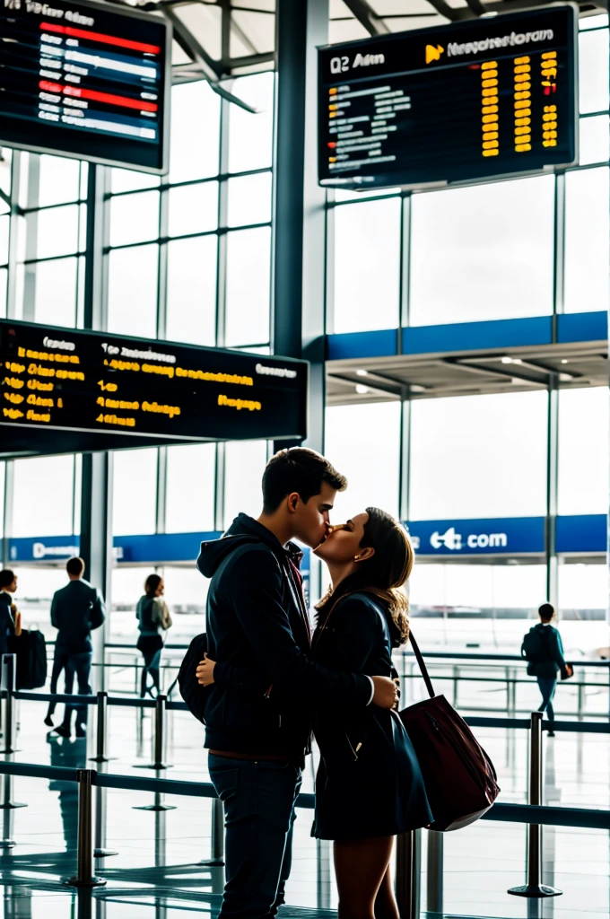 Two young people kissing in an airport 
