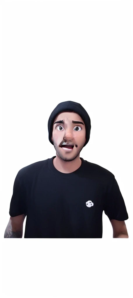 25-year-old man in a black t-shirt and black cap, looking shocked, with no shadows in his eyes