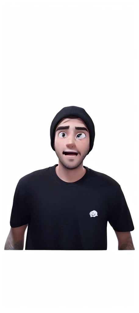 25-year-old man in a black t-shirt and black cap, looking shocked, with no shadows in his eyes
