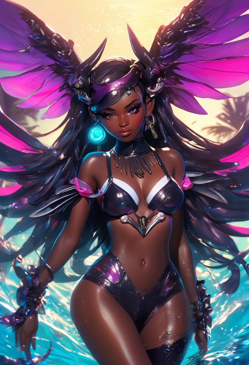 (masterpiece, best_quality, ultra-detailed, immaculate:1.3), epic, illustration, 1girl, (tactile Hermitpunk:1.3) succubus, wings, full body, lingerie, [:skimpy costume design,:0.2], official art, dark skin, studio bright beige lighting , in a aquatic, tropical warzone, bombshell hair, glowing sunset hair, hair ribbon, ojou-sama pose