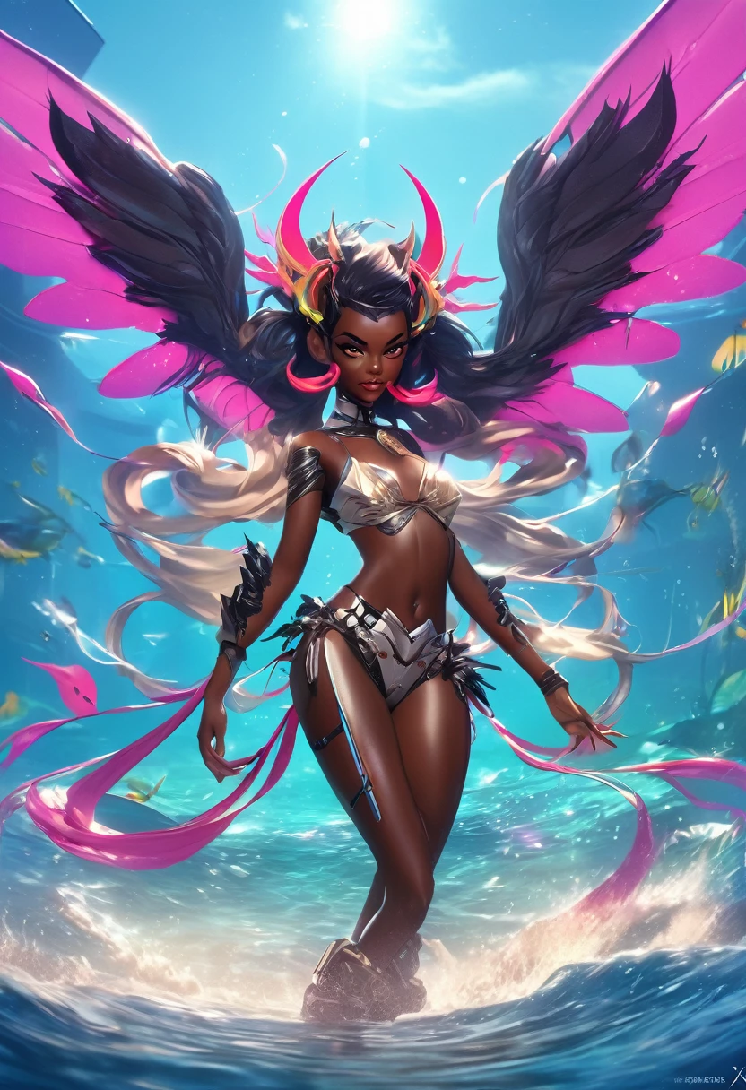 (masterpiece, best_quality, ultra-detailed, immaculate:1.3), epic, illustration, 1girl, (tactile Hermitpunk:1.3) succubus, wings, full body, lingerie, [:skimpy costume design,:0.2], official art, dark skin, studio bright beige lighting , in a aquatic, tropical warzone, bombshell hair, glowing sunset hair, hair ribbon, ojou-sama pose