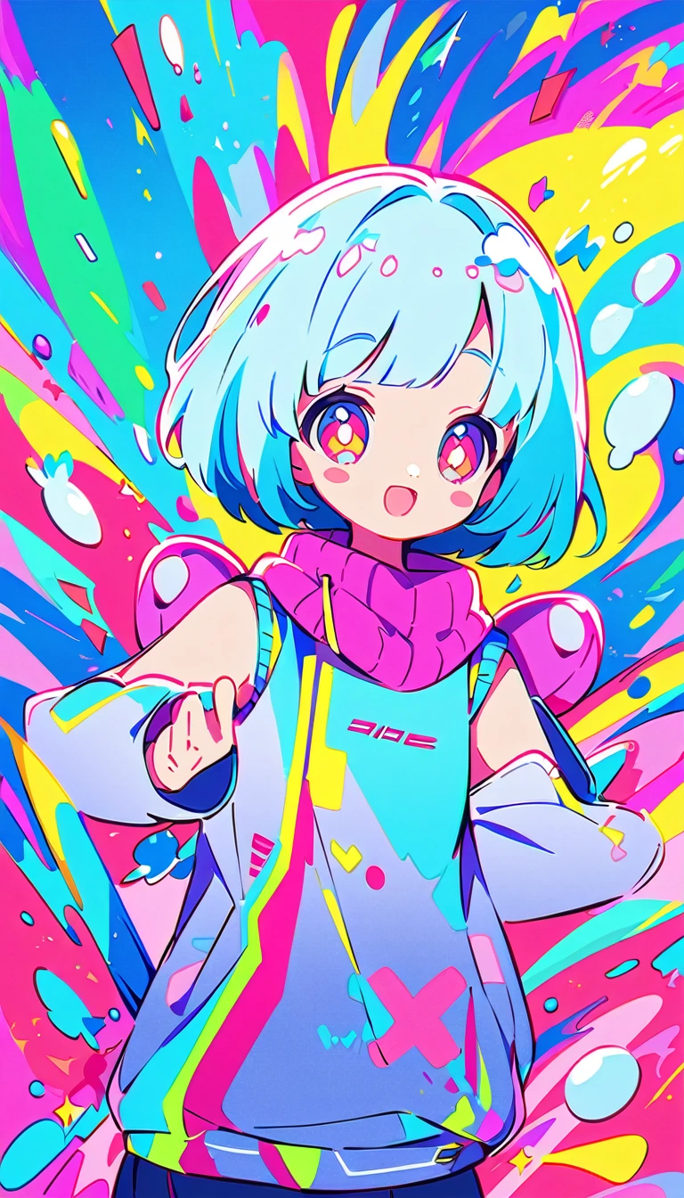 Vibrant art,pop、bright、colorful, 1 female, Light blue hair, short hair、Happy,cute, animation style, kawaii, clearly, colorful cyberpunk, bubblegum pop, cute、Pink and light blue as main colors、I'm cheering loudly、 Headphonesをしている、Headphoneusic、