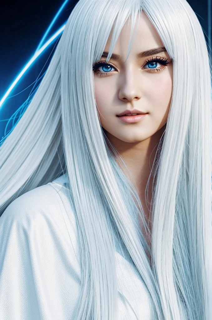 An anime character who is a woman, singer, high, tez blanca, long white hair and slanted eyes