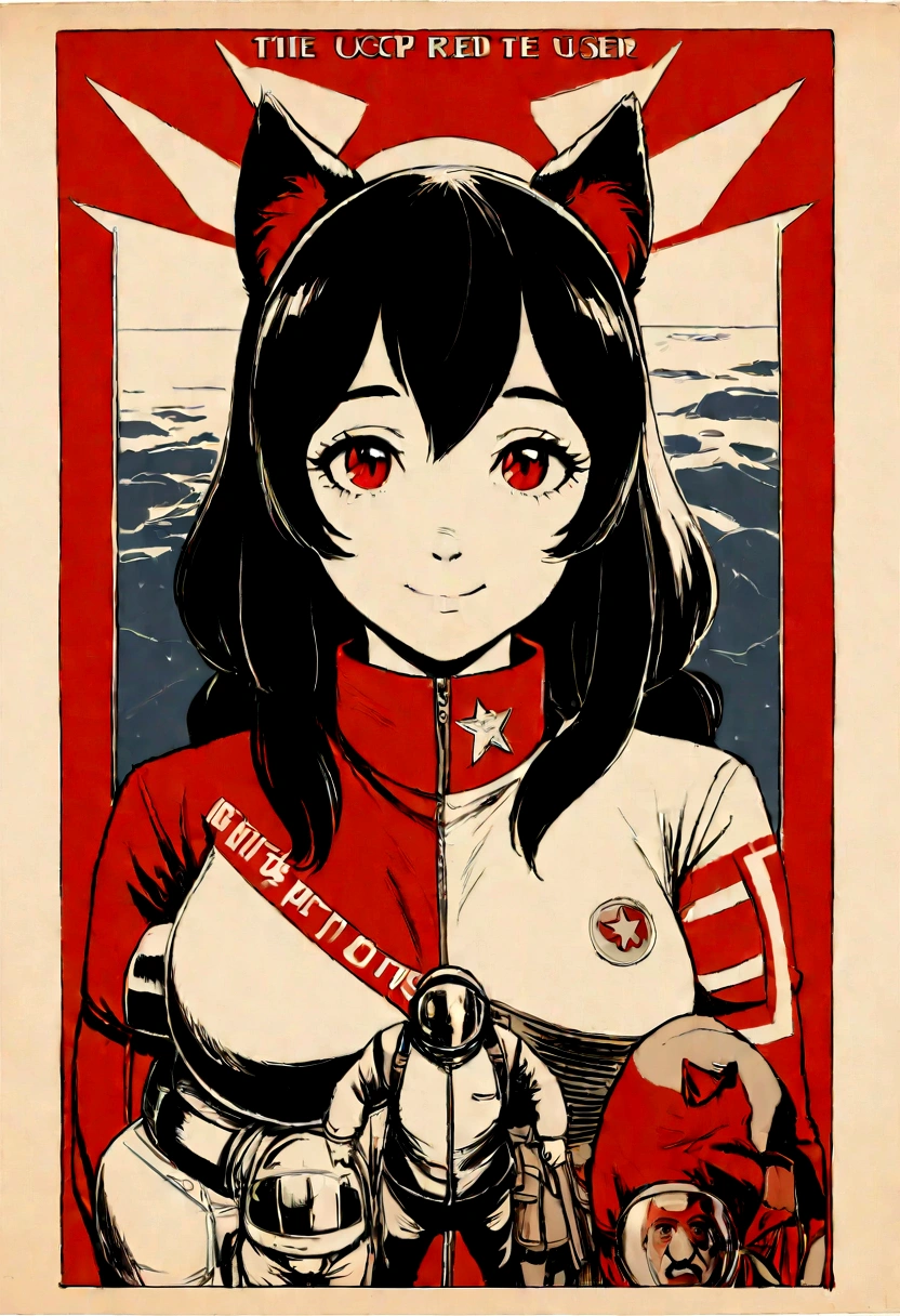 1girl,curvy_breasts, cute, beautiful detailed eyes, shiny hair, visible through hair, hairs between eyes, (Caucasian face, Europe face, eastern Europe girl), (USSR poster), (soviet poster), red monochrome, (soviet, communism, ((PROPAGANDA POSTER))), Black_hair, monster girl, wolf girl, wolf ears, wolf tail, smiling, red_eyes, furry, age, goodbreast, {Spacesuit|Orange_clothing_body|jumpsuit},red_gloves, white_space_shoes, white_helmet, ((the USSR red letters on the poster)), weightlessness, Side light, reflection, The person in the spacesuit is at the bottom left of the frame, The right hand is outstretched, Space station in the upper right corner of the screen, Reflected light from the sun, Silver metal, red flag, (USSR style), diffuse reflection, Metallic texture, (alien planet background), (pinup-girl, the sea of star on background), (effect of old poster )
