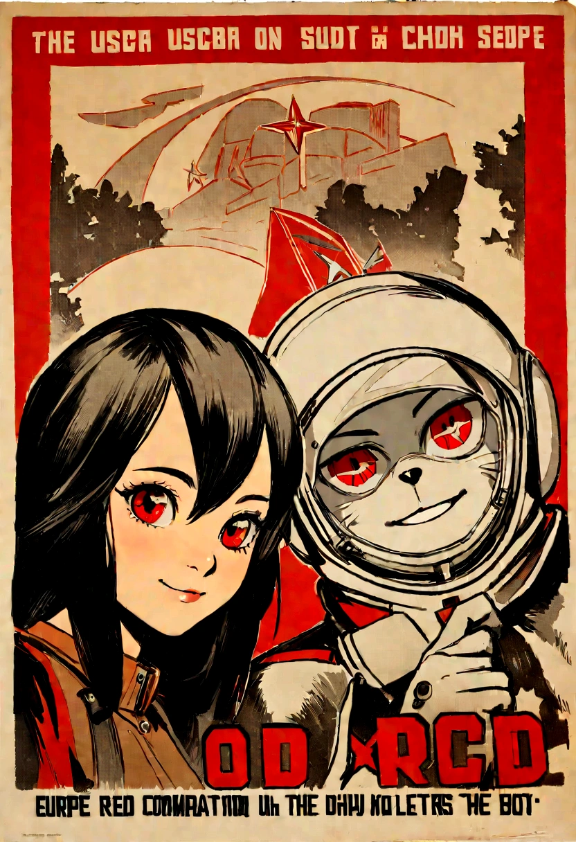 1girl,curvy_breasts, cute, beautiful detailed eyes, shiny hair, visible through hair, hairs between eyes, (Caucasian face, Europe face, eastern Europe girl), (USSR poster), (soviet poster), red monochrome, (soviet, communism, ((PROPAGANDA POSTER))), Black_hair, monster girl, wolf girl, wolf ears, wolf tail, smiling, red_eyes, furry, age, goodbreast, {Spacesuit|Orange_clothing_body|jumpsuit},red_gloves, white_space_shoes, white_helmet, ((the USSR red letters on the poster)), weightlessness, Side light, reflection, The person in the spacesuit is at the bottom left of the frame, The right hand is outstretched, Space station in the upper right corner of the screen, Reflected light from the sun, Silver metal, red flag, (USSR style), diffuse reflection, Metallic texture, (alien planet background), (pinup-girl, the sea of star on background), (effect of old poster )