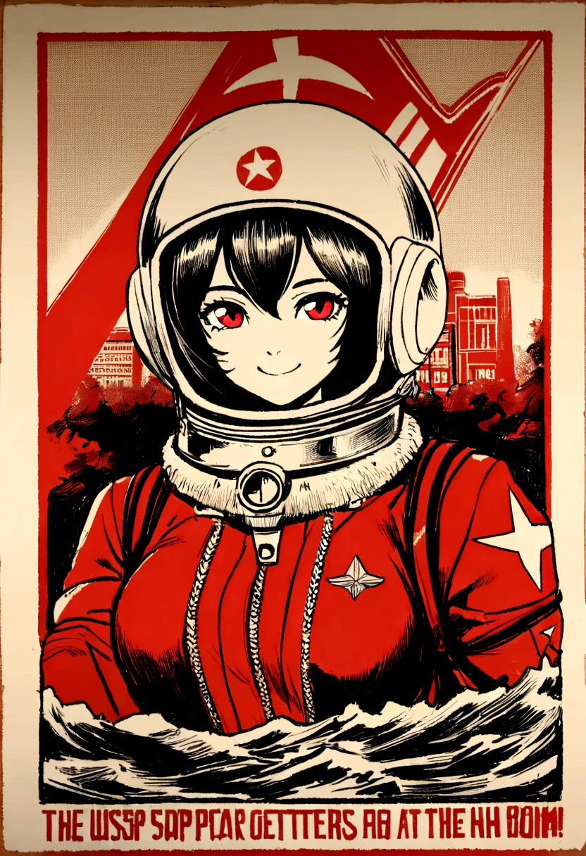 1girl,curvy_breasts, cute, beautiful detailed eyes, shiny hair, visible through hair, hairs between eyes, (Caucasian face, Europe face, eastern Europe girl), (USSR poster), (soviet poster), red monochrome, (soviet, communism, ((PROPAGANDA POSTER))), Black_hair, monster girl, wolf girl, wolf ears, wolf tail, smiling, red_eyes, furry, teenage, goodbreast, {Spacesuit|Orange_clothing_body|jumpsuit},red_gloves, white_space_shoes, white_helmet, ((the USSR red letters on the poster)), weightlessness, Side light, reflection, The person in the spacesuit is at the bottom left of the frame, The right hand is outstretched, Space station in the upper right corner of the screen, Reflected light from the sun, Silver metal, red flag, (USSR style), diffuse reflection, Metallic texture, (alien planet background), (pinup-girl, the sea of star on background), (effect of old poster )