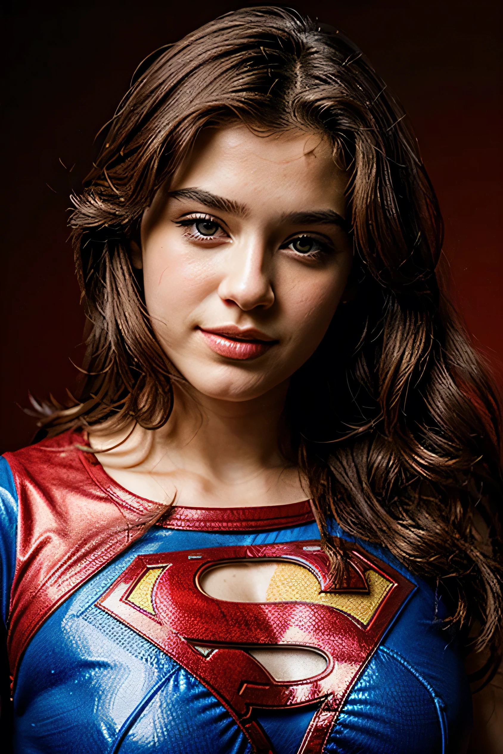 face perfect, beautiful face of a 15 year old, dressed as supermen, with red background,
