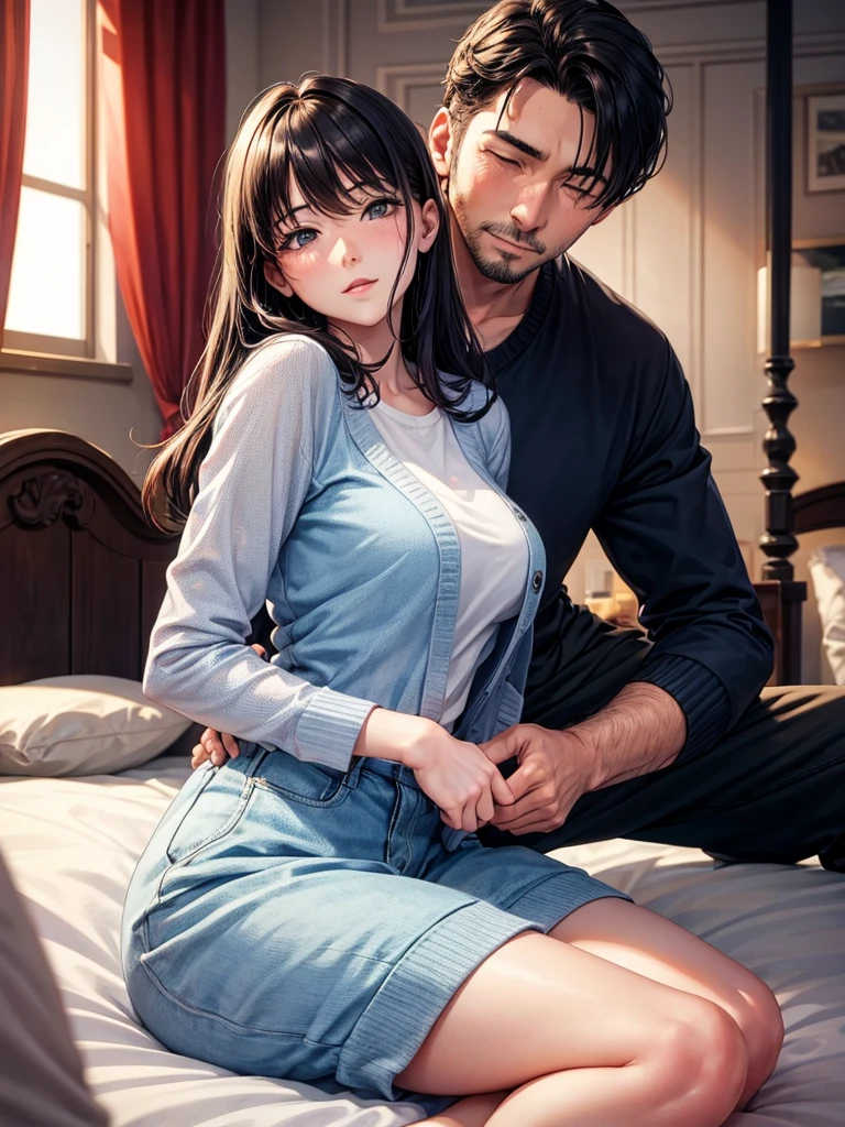 Two adult friends, A Man and a Woman, the man is taking care of the woman in bed, she's sick, This woman has blonde hair and blue eyes., she wears pink pajamas, while the man has black hair and black eyes