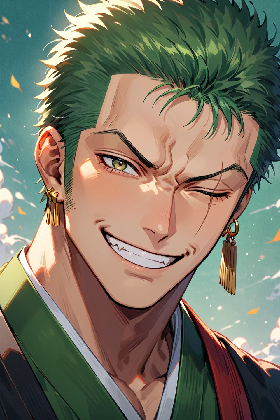 roronoa zoro, male focus, 1boy, smile, green hair, solo, scar across eye, earrings, jewelry, one eye closed, short hair, grin, portrait, japanese clothes, kimono, scar, looking at viewer, sideburns, scar on face, single earring, close up, green kimono --style 1 --preset 3, ((medium quality)), ((medium quality))
