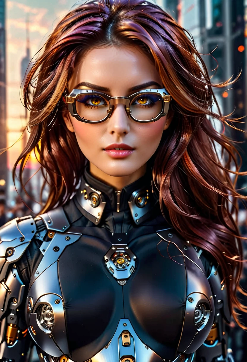 Arafed a picture of a human female spy, wearing dark suit, wearing ((mecha glasses: 1.5))exquisite beautiful female, dynamic eye color, dynamic hair color, dynamic hair style,  glasses has intricate mechanical part in it, high society gala event background, (Masterpiece: 1.5),  Vibrant, Ultra-high resolution, High Contrast, masterpiece:1.2, highest quality, Best aesthetics), best details, best quality, highres, ultra wide angle, 16k, [ultra detailed], masterpiece, best quality, (extremely detailed), Mechanical Creatures