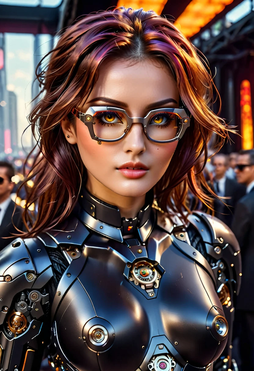 Arafed a picture of a human female spy, wearing dark suit, wearing ((mecha glasses: 1.5))exquisite beautiful female, dynamic eye color, dynamic hair color, dynamic hair style,  glasses has intricate mechanical part in it, high society gala event background, (Masterpiece: 1.5),  Vibrant, Ultra-high resolution, High Contrast, masterpiece:1.2, highest quality, Best aesthetics), best details, best quality, highres, ultra wide angle, 16k, [ultra detailed], masterpiece, best quality, (extremely detailed), Mechanical Creatures