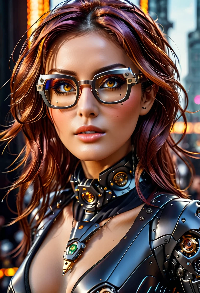 Arafed a picture of a human female spy, wearing dark suit, wearing ((mecha glasses: 1.5))exquisite beautiful female, dynamic eye color, dynamic hair color, dynamic hair style,  glasses has intricate mechanical part in it, high society gala event background, (Masterpiece: 1.5),  Vibrant, Ultra-high resolution, High Contrast, masterpiece:1.2, highest quality, Best aesthetics), best details, best quality, highres, ultra wide angle, 16k, [ultra detailed], masterpiece, best quality, (extremely detailed), Mechanical Creatures