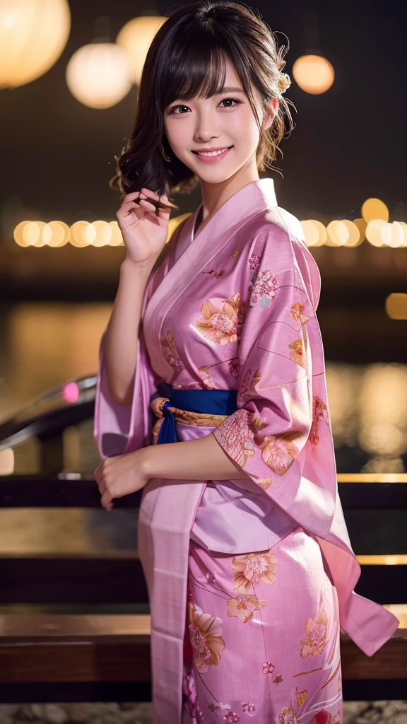 night、A glamorous atmosphere、firework、Matte fabric、Pink large floral pattern yukata、Cotton kimono、stylish （night景、night、smile）、night空、bangs、No makeup、（masterpiece、8K,RAW Photos、High resolution:1.4）、girl&#39;Her calm expression is、Emphasized by the soft look..。 Canon EOS R6 Mark II and Sigma 50mm f/2.Used in combination with 8/1.4 DG HSM Art Lens、シーンのあらゆるニュアンスがHigh resolutionでキャプチャされます。