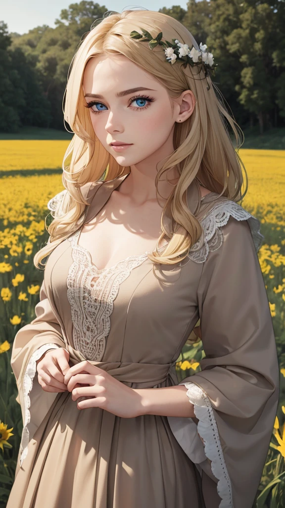 (masterpiece:1.2), (Highest quality:1.2), Perfect Eyes, Perfect Face, Perfect lighting, One girl, Mature woman in a field, Medium blonde hair, Curly Hair, Detailed clothing, Detailed outdoor background, compensate, eye shadow, Thick eyelashes, Fantasy, Looking at the audience, Spring Angry,Bad mood,The exposure is very high.Furrow one's brow,