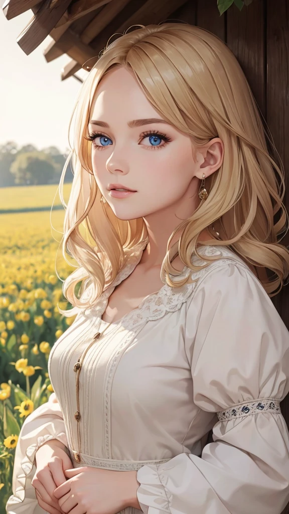 (masterpiece:1.2), (Highest quality:1.2), Perfect Eyes, Perfect Face, Perfect lighting, One girl, Mature woman in a field, Medium blonde hair, Curly Hair, Detailed clothing, Detailed outdoor background, compensate, eye shadow, Thick eyelashes, Fantasy, Looking at the audience, Spring Angry,Bad mood,The exposure is very high.Furrow one's brow,