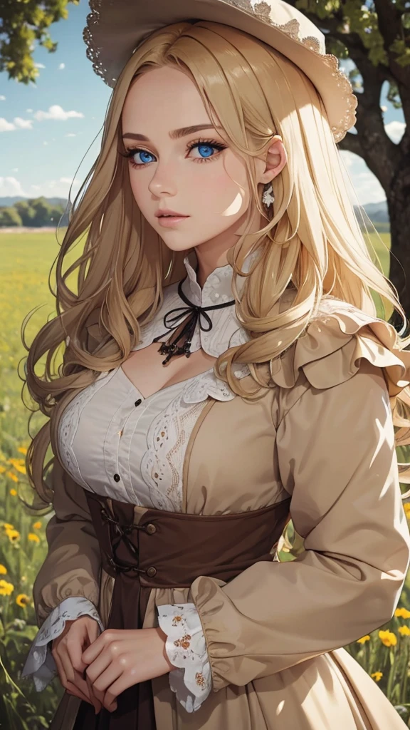 (masterpiece:1.2), (Highest quality:1.2), Perfect Eyes, Perfect Face, Perfect lighting, One girl, Mature woman in a field, Medium blonde hair, Curly Hair, Detailed clothing, Detailed outdoor background, compensate, eye shadow, Thick eyelashes, Fantasy, Looking at the audience, Spring Angry,Bad mood,The exposure is very high.Furrow one's brow,