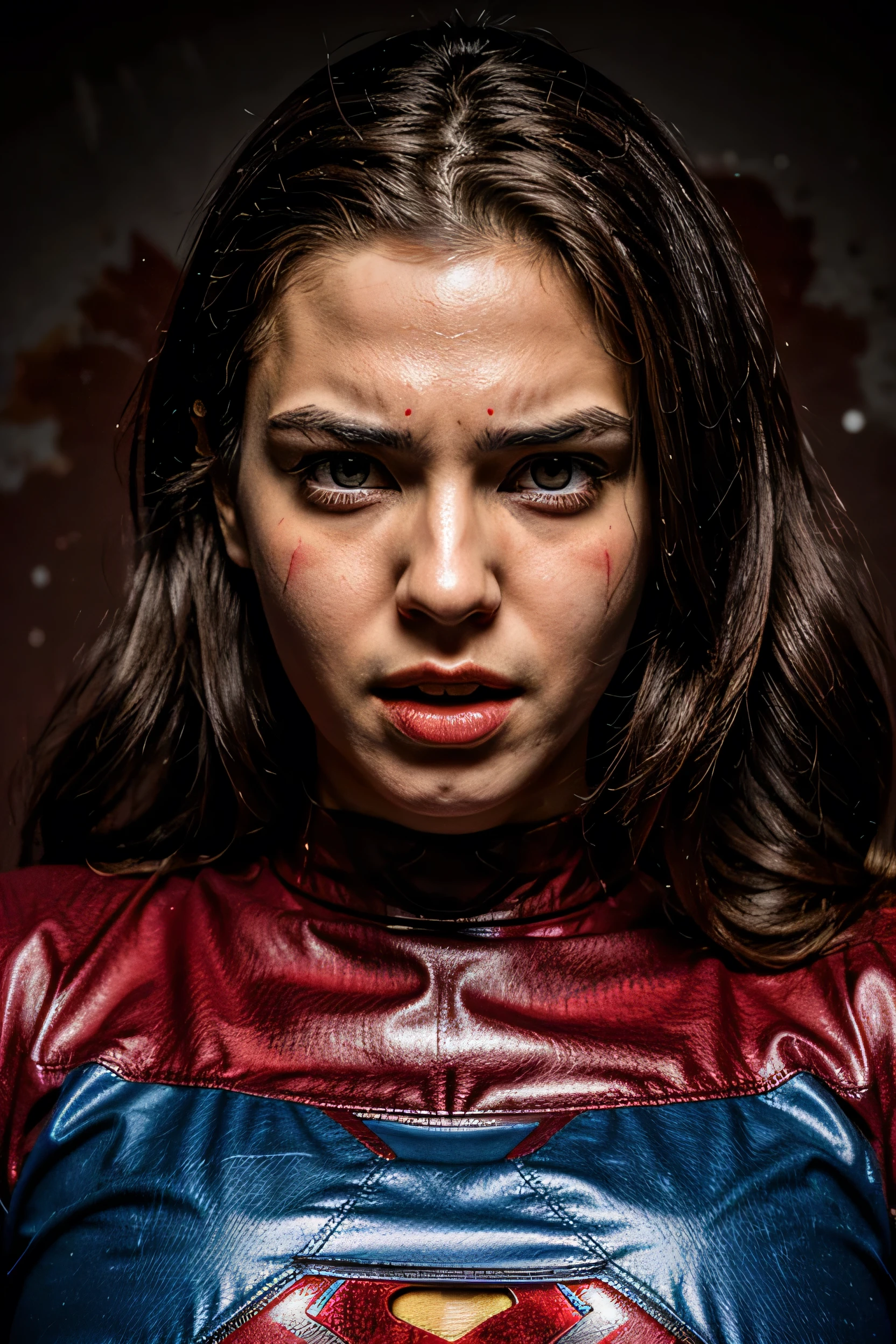 face perfect, beautiful face of a , dressed as supermen, with red background, she screams very angrily, the expression of anger, Eyes of hatred 