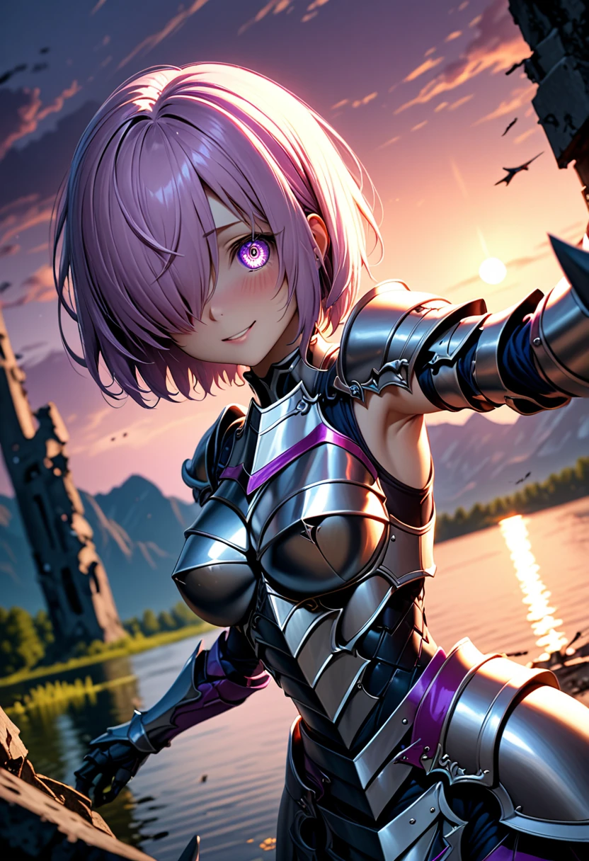 (masterpiece, top quality, best quality, beautiful and aesthetic:1.2), full body, SFW, extremely detailed, detailed eyes, detailed hands, cinematic light, depth of field, 1girl, seducing smile, solo, official, (full armored knight:1.4), dark armor, full-faced helmet that hides the face, mash kyrielight, light purple hair, short hair, hair over one eye, slim body, cinematic lighting, dramatic lighting, dramatic atmosphere, hyper-realistic, high resolution, stunning contrast, high quality, best quality, 8k, 4k, intricately detailed, (amazing details:1.2), highly detailed skin, powerful presence, vibrant colors, (detailed eyes:1.2), striking eyes, (detailed background), (lake on background, twilight, ruins), (dynamic angle:1.2), (dynamic pose:1.2)