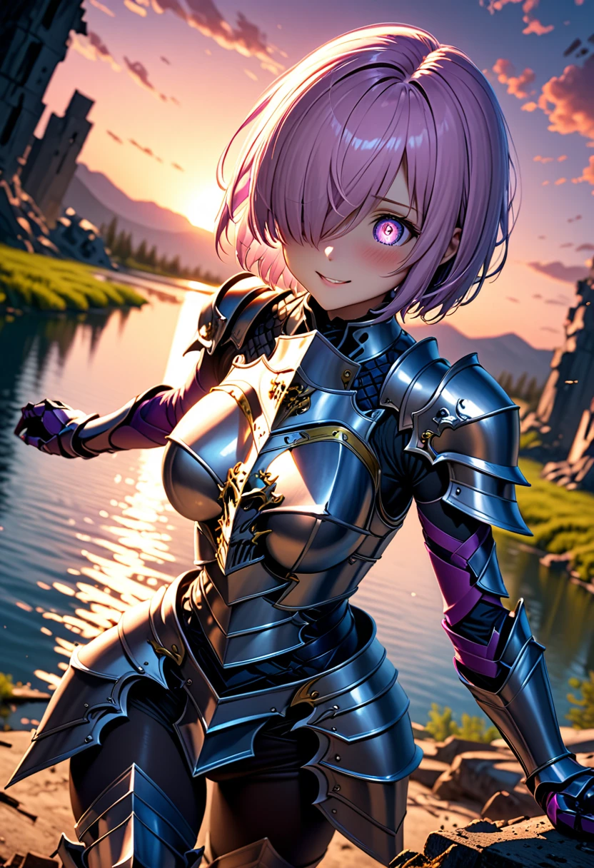 (masterpiece, top quality, best quality, beautiful and aesthetic:1.2), full body, SFW, extremely detailed, detailed eyes, detailed hands, cinematic light, depth of field, 1girl, seducing smile, solo, official, (full armored knight:1.4), dark armor, full-faced helmet that hides the face, mash kyrielight, light purple hair, short hair, hair over one eye, slim body, cinematic lighting, dramatic lighting, dramatic atmosphere, hyper-realistic, high resolution, stunning contrast, high quality, best quality, 8k, 4k, intricately detailed, (amazing details:1.2), highly detailed skin, powerful presence, vibrant colors, (detailed eyes:1.2), striking eyes, (detailed background), (lake on background, twilight, ruins), (dynamic angle:1.2), (dynamic pose:1.2)