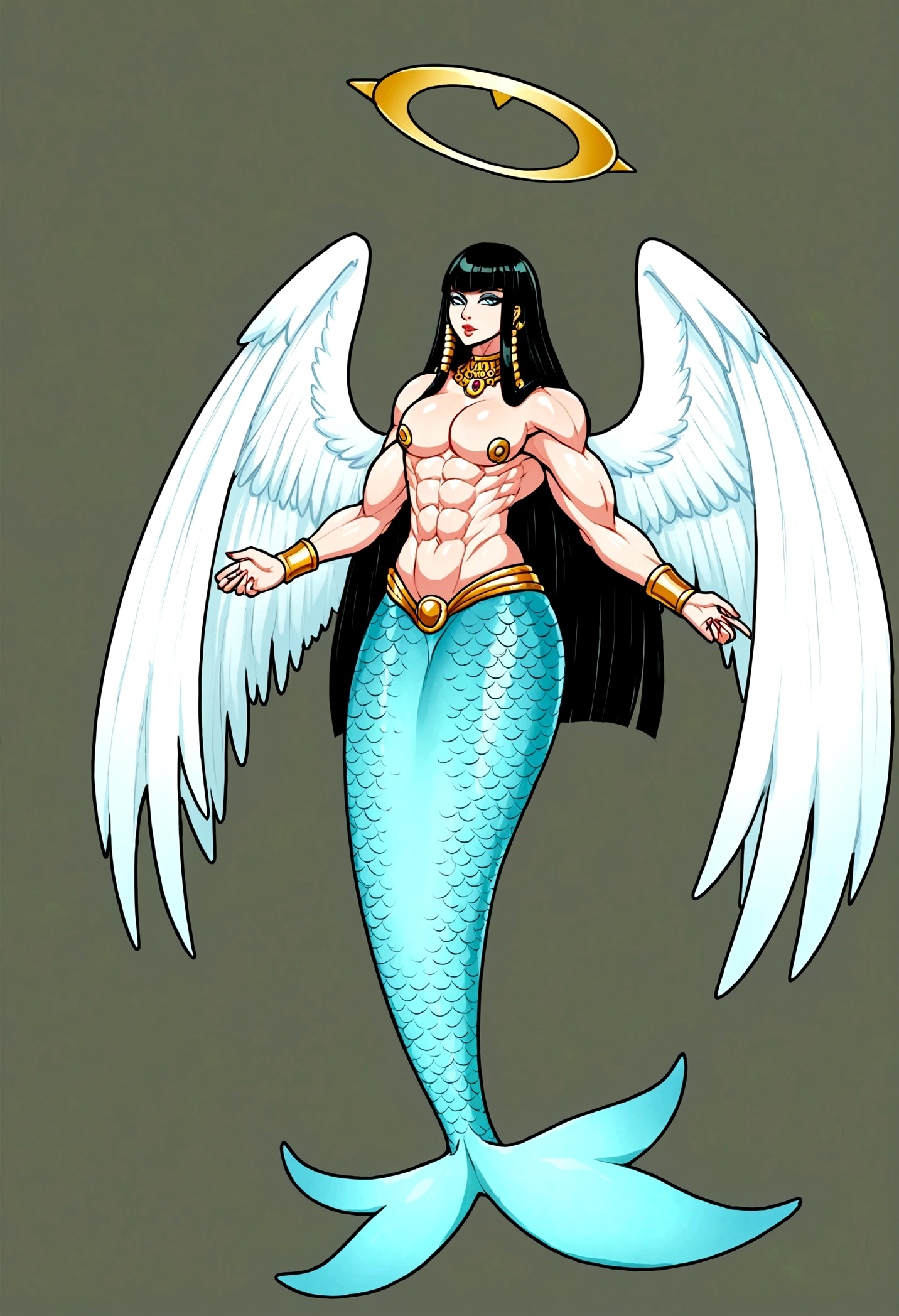 Mermaid femboy, extreme muscular body, big breasts, fair skin, halo big angel wings, cleopatra white long hair, 4 arms, full body.