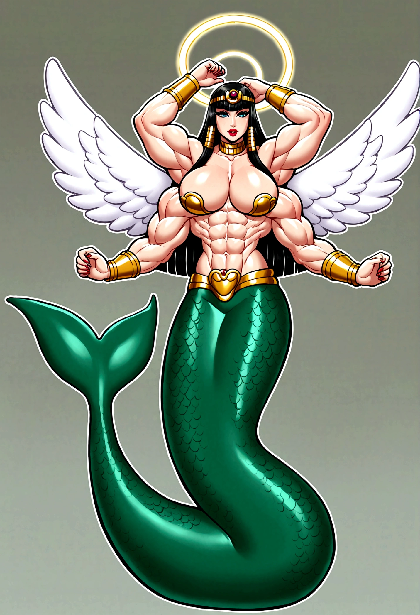 Mermaid femboy, extreme muscular body, big breasts, fair skin, halo big angel wings, cleopatra white long hair, 4 arms, full body.