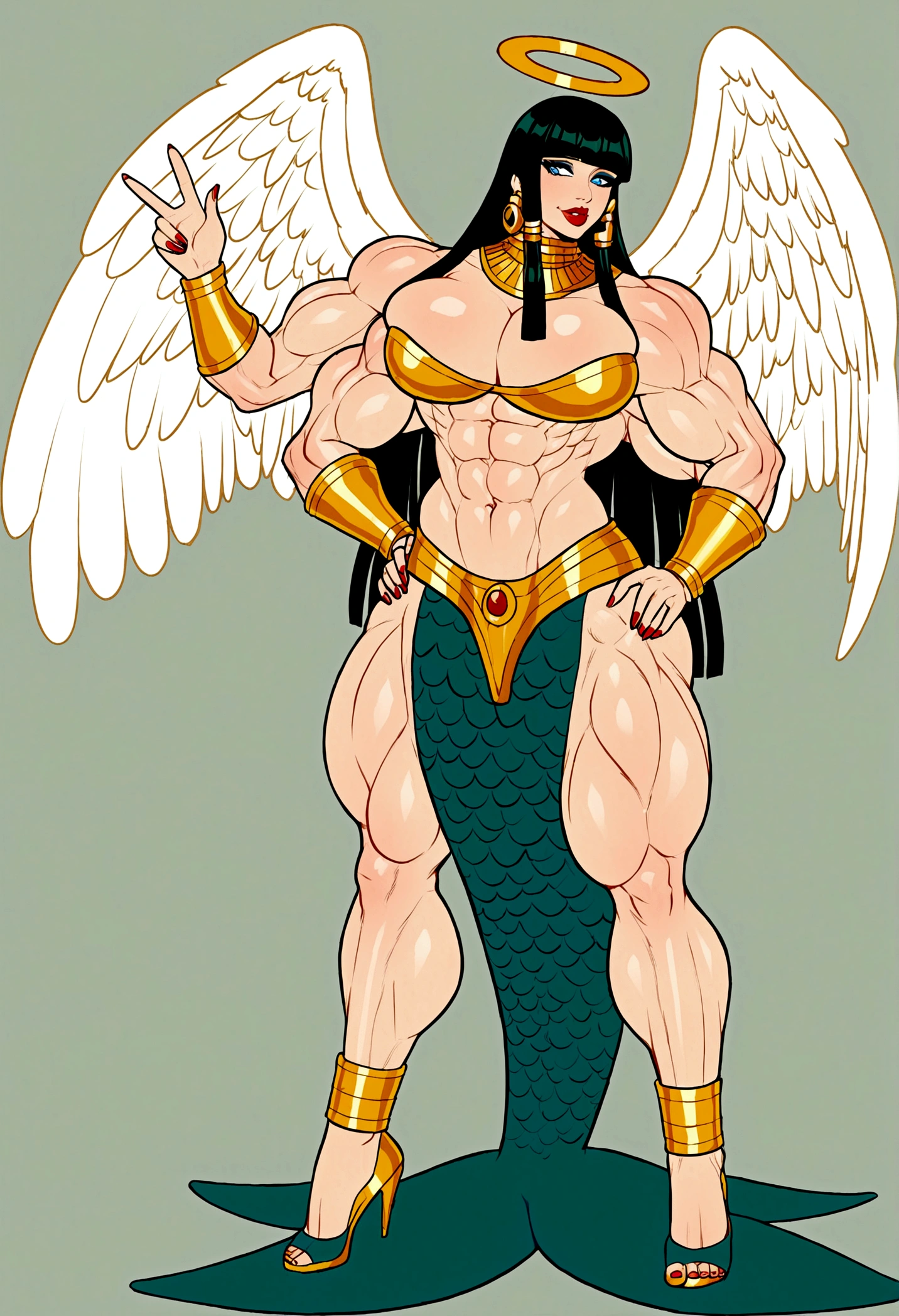 Mermaid femboy, extreme muscular body, big breasts, fair skin, halo big angel wings, cleopatra white long hair, 4 arms, full body.