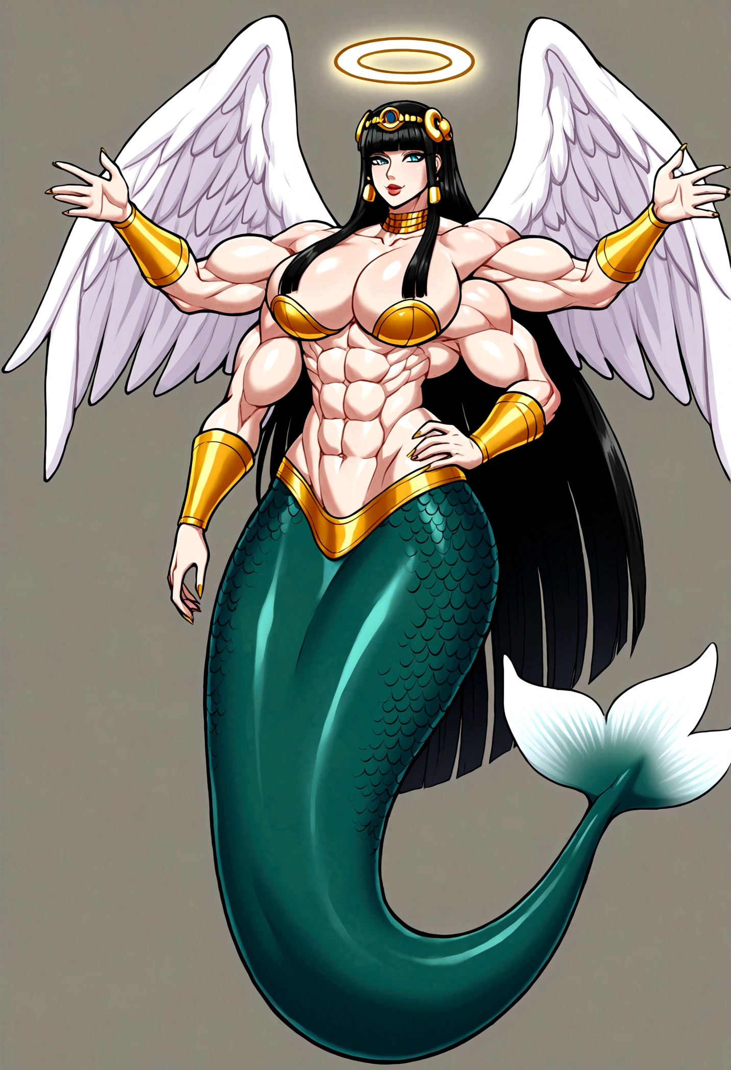 Mermaid femboy, extreme muscular body, big breasts, fair skin, halo big angel wings, cleopatra white long hair, 4 arms, full body.