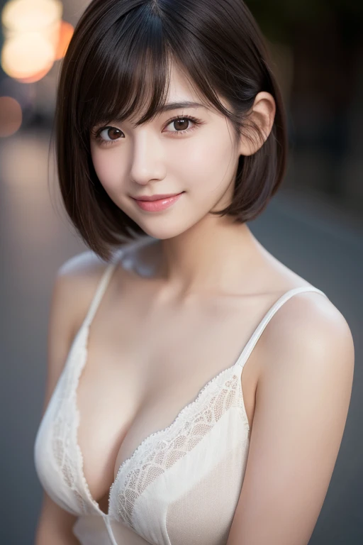 girl, White skin, Short dark brown tiered hair, V cut with layers and bangs, Brown eyes, Soft atmosphere characteristics (Highest quality, Ultra-high resolution, 8K, RAW Photos, Ultra-high resolution: 1.2, masterpiece: 1.2), (Realistic, Realistic: 1.37), Super detailed, Professional Lighting, Photon Mapping, Radio City, Physically Based Rendering, Japanese, One Girl, alone, Black Hair, cute, Nice, Adorable, 軽いsmile, Normal chest,Women's Fashion Summer,Short Bob Hair,Small breasts Natural color Lips, Bold sexy pose,smile,Harajuku、cute、sexy shot looking at camera