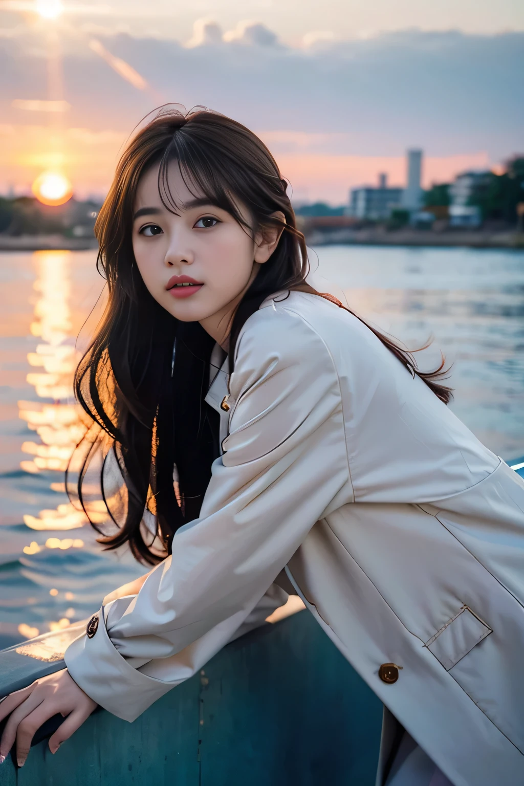(8K, RAW Photos, Highest quality, masterpiece:1.3), (Realistic, photo-Realistic:1.4), (Highly detailed 8K wallpaper), Sharp focus, Written boundary depth, Japanese Idols,very cute, Baby Face,(coat:1.3),(Long Hair :1.3), whole body, Highly detailed face and eyes,((Shiny skin:1.2)), Cinema Lighting, Soft Light, Blur the background,( Calm morning seascape with sunrise reflected on the water, Create a sparkling effect. In the distance, I see a small fishing boat, As we approach the coast, Shells scattered on the sand. The sky is bathed in soft shades of pink and orange., Some clouds drifting :1.2) (Bright maple:1.2),Make your eyes look natural、tops