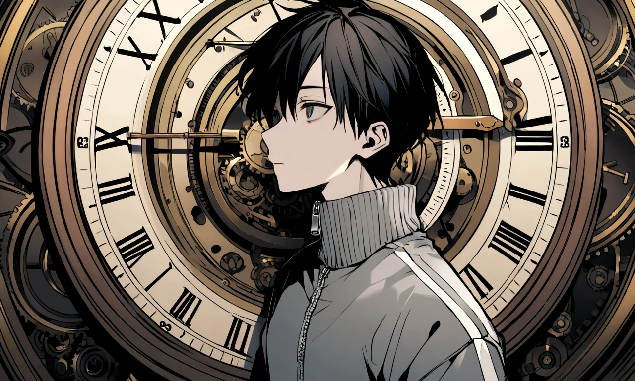 black and white drawing, giant clockwork background, hang from clockwork, human, 26 year old male, black neat hair, a lonely face, wearing gray tracksuit, eaten by the clock, fused with the clock, mix with clock.