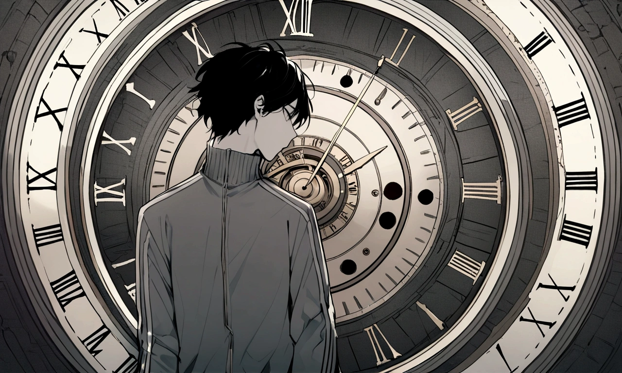 black and white drawing, giant clockwork background, hang from clockwork, human, 26 year old male, black neat hair, a lonely face, wearing gray tracksuit, eaten by the clock, fused with the clock, mix with clock.
