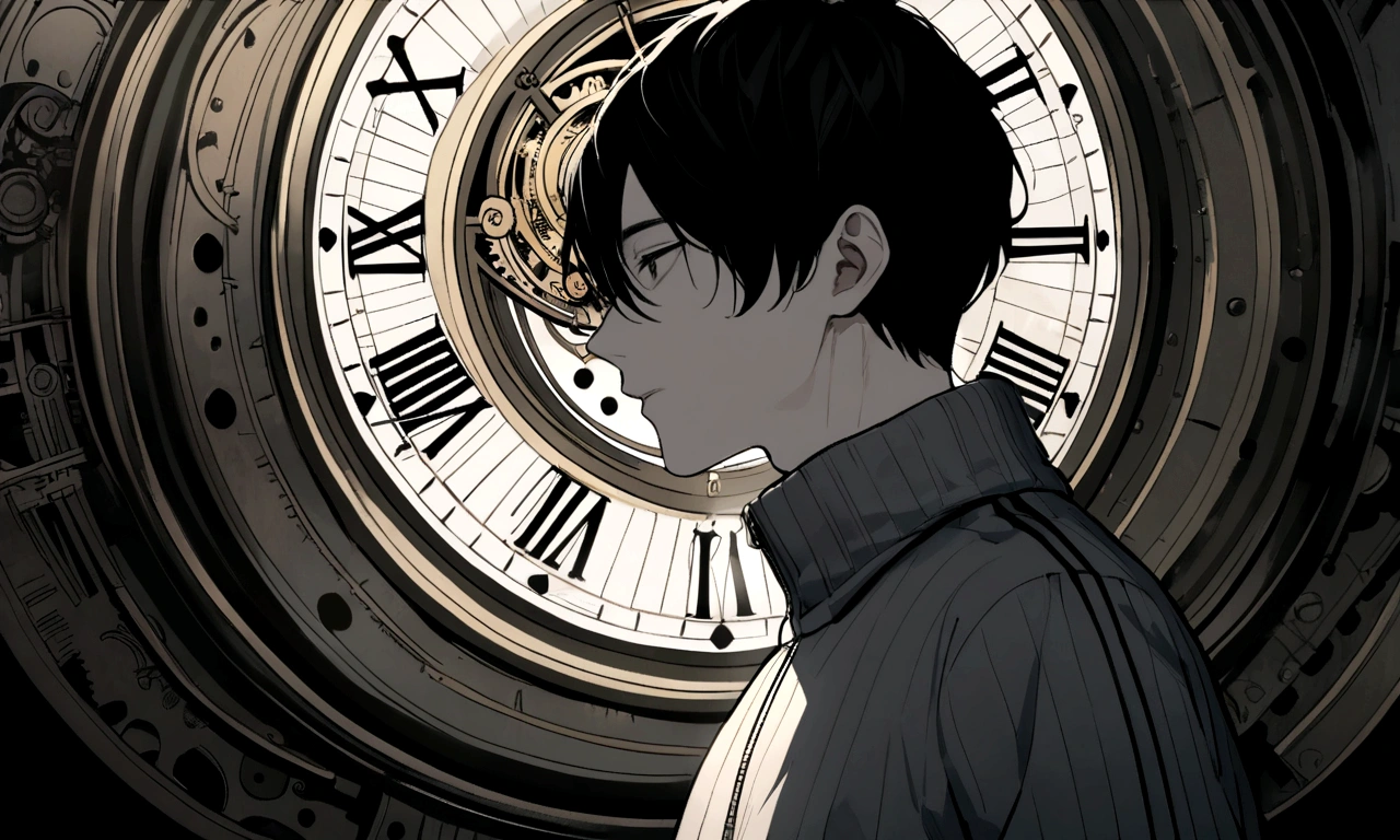 black and white drawing, giant clockwork background, hang from clockwork, human, 26 year old male, black neat hair, a lonely face, wearing gray tracksuit, eaten by the clock, fused with the clock, mix with clock.